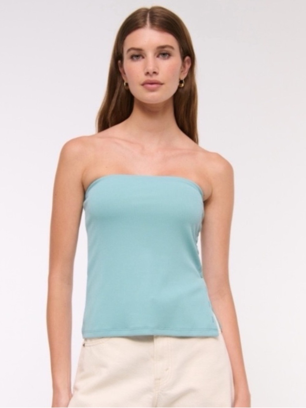 Abercrombie & Fitch Ribbed Side-Button Tube Top in Light Aqua/Turquoise